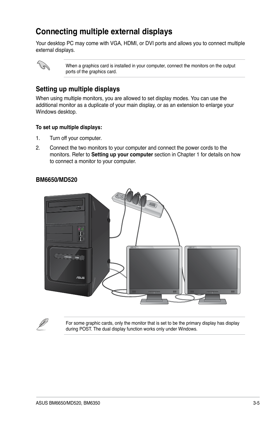 Connecting multiple external displays, Connecting multiple external displays -5, Setting up multiple displays | Asus BM6650 User Manual | Page 38 / 67