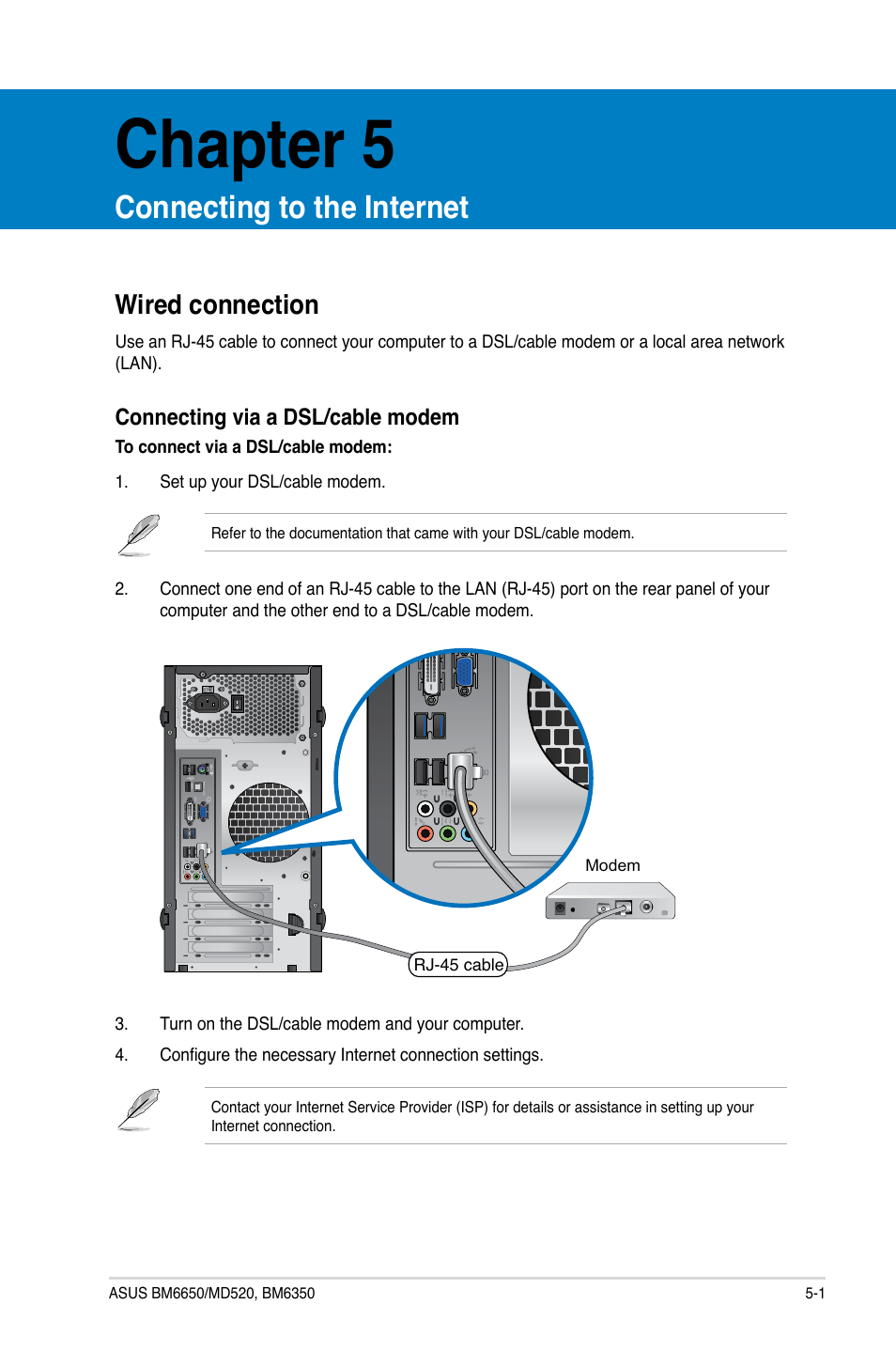 Chapter 5, Connecting to the internet, Wired connection | Wired connection -1 | Asus BM6650 User Manual | Page 43 / 67