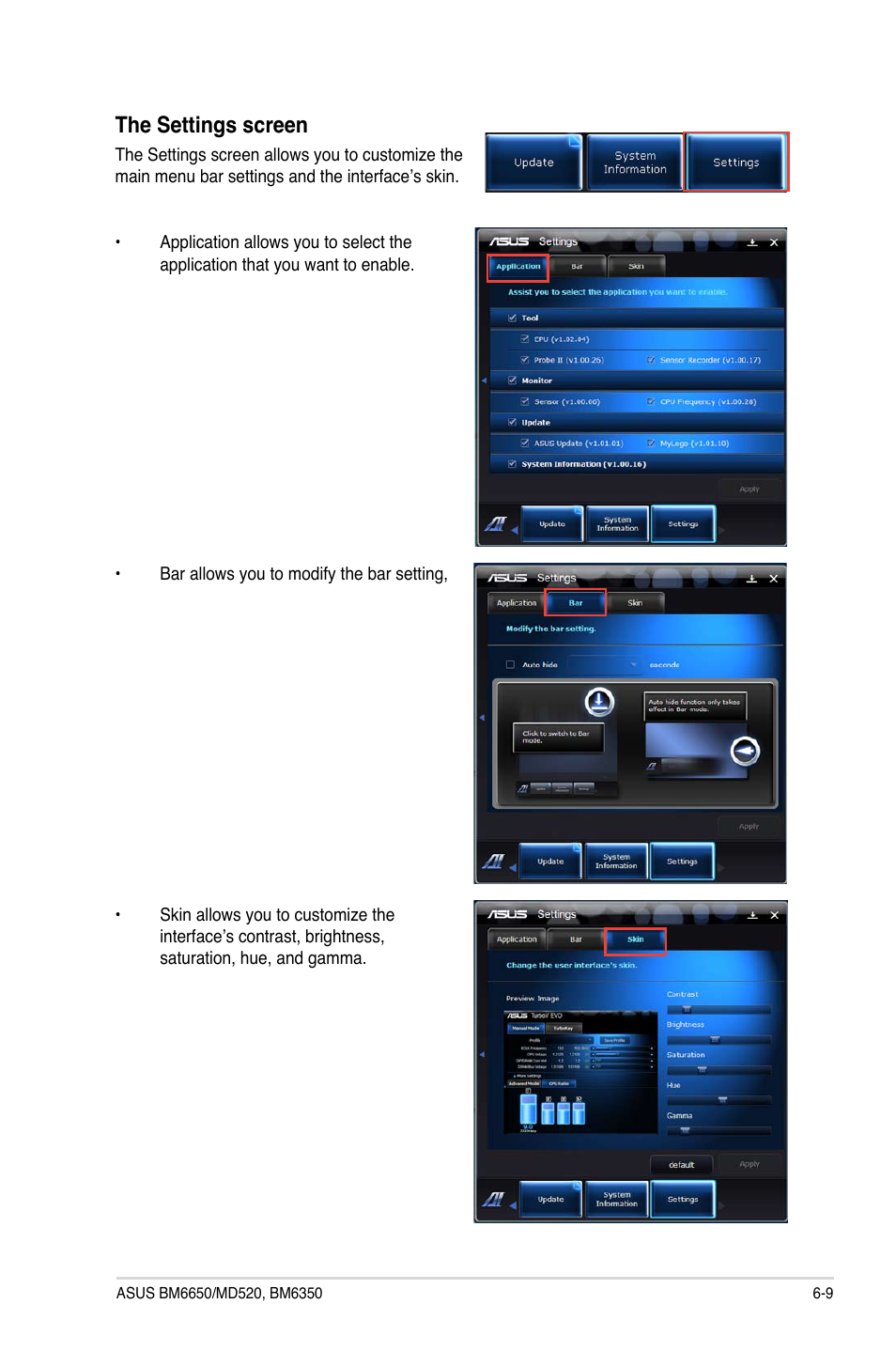 The settings screen | Asus BM6650 User Manual | Page 53 / 67