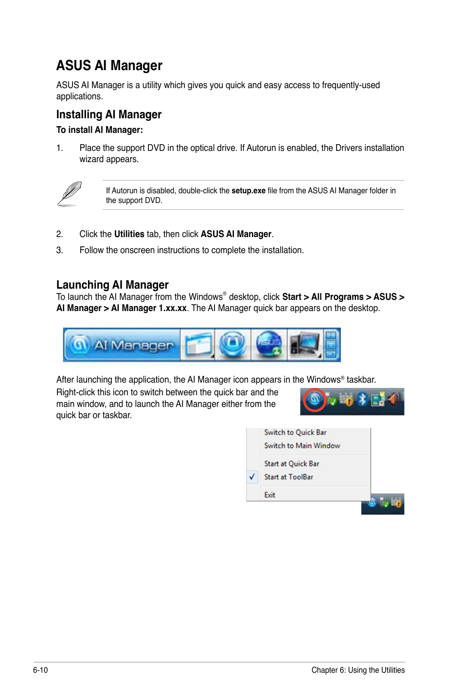 Asus ai manager, Asus ai manager -10, Installing ai manager | Launching ai manager | Asus BM6650 User Manual | Page 54 / 67