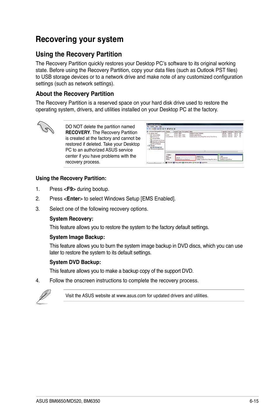 Recovering your system, Recovering your system -15, Using the recovery partition | Asus BM6650 User Manual | Page 59 / 67