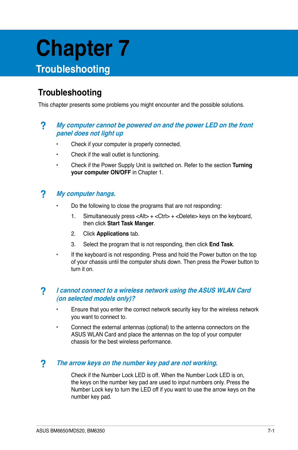 Chapter 7, Troubleshooting, Troubleshooting -1 | Asus BM6650 User Manual | Page 61 / 67