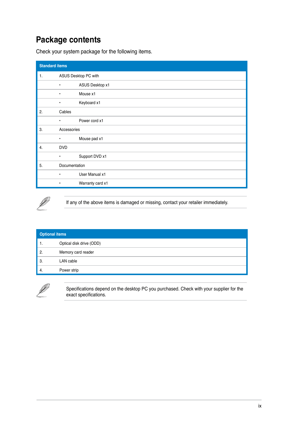 Package contents, Check your system package for the following items | Asus BM6650 User Manual | Page 9 / 67