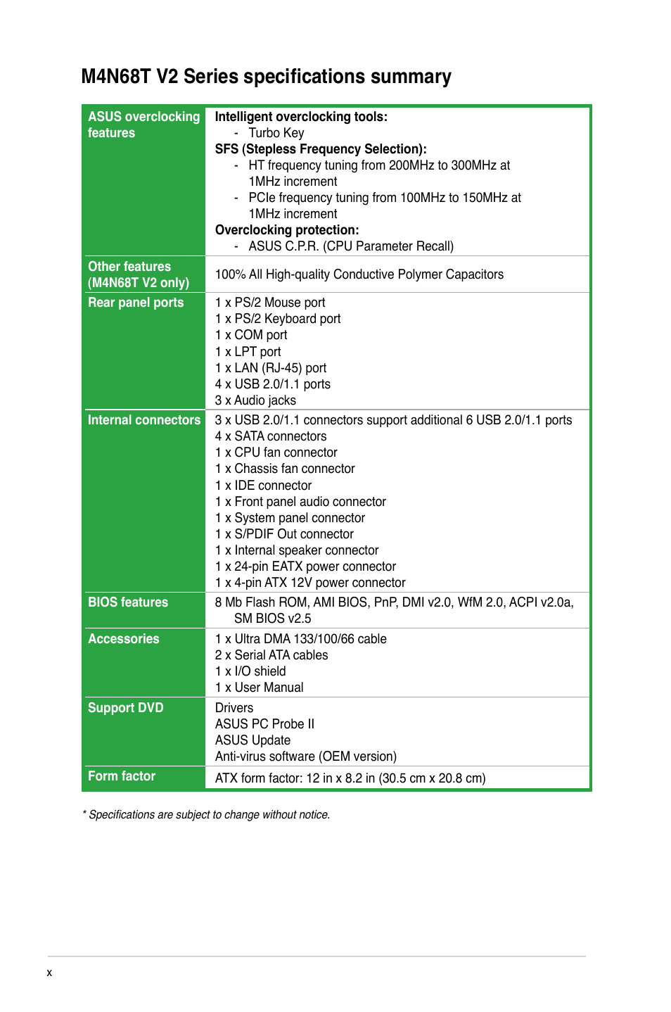M4n68t v2 series specifications summary | Asus M4N68T V2 User Manual | Page 10 / 62