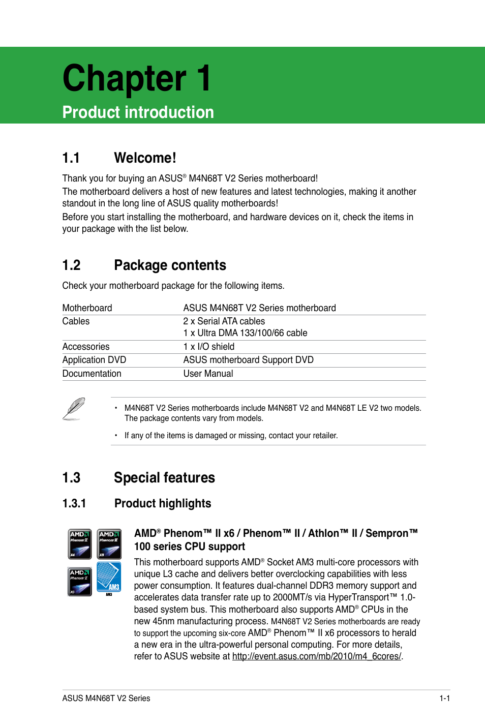 Chapter 1, Product introduction, 1 welcome | 2 package contents, 3 special features, 1 product highlights, Welcome! -1, Package contents -1, Special features -1 1.3.1, Product highlights -1 | Asus M4N68T V2 User Manual | Page 11 / 62