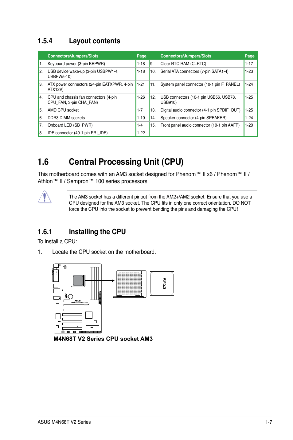 4 layout contents, 6 central processing unit (cpu), 1 installing the cpu | Layout contents -7, Central processing unit (cpu) -7 1.6.1, Installing the cpu -7 | Asus M4N68T V2 User Manual | Page 17 / 62