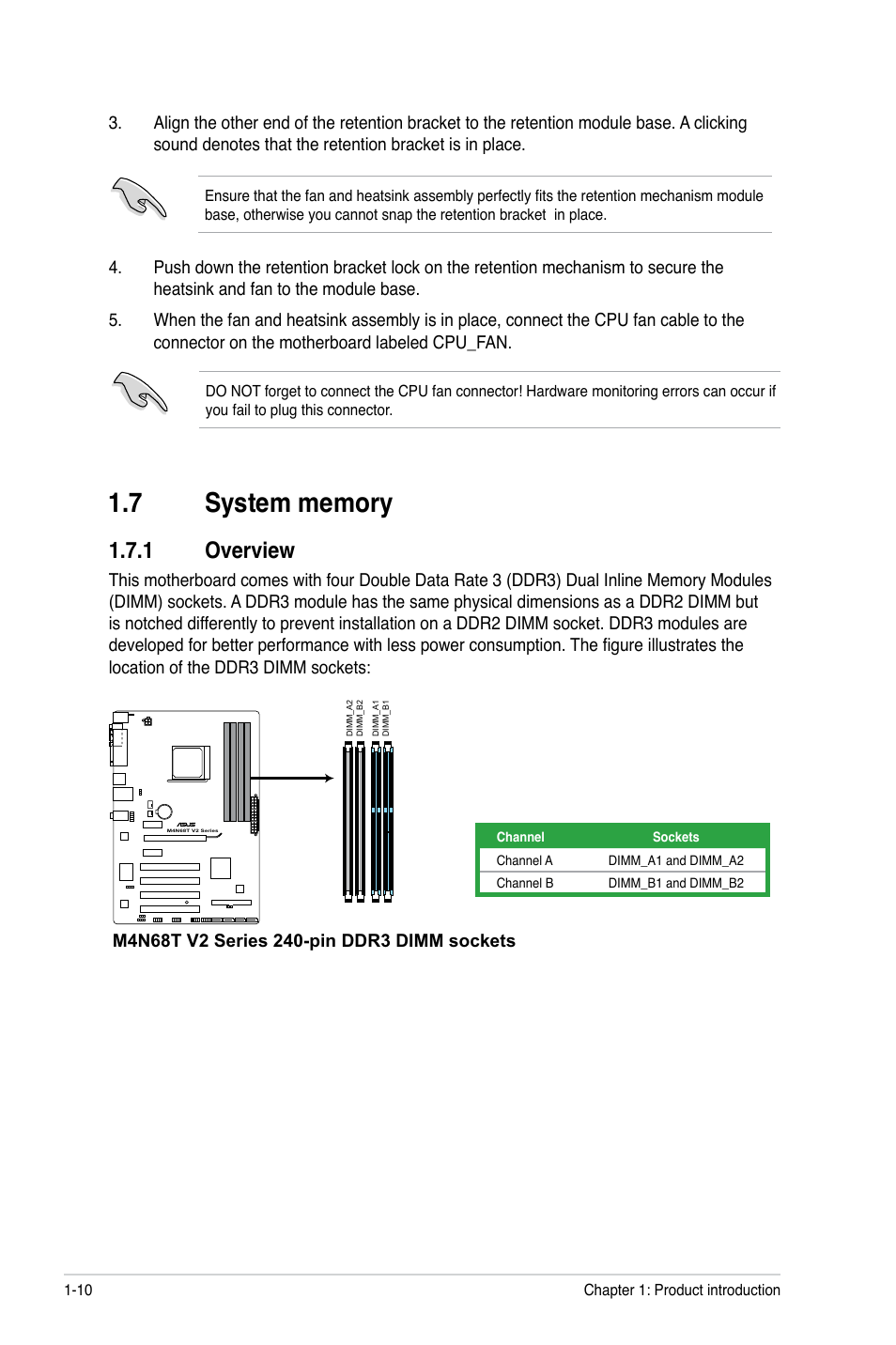 7 system memory, 1 overview, System memory -10 1.7.1 | Overview -10 | Asus M4N68T V2 User Manual | Page 20 / 62