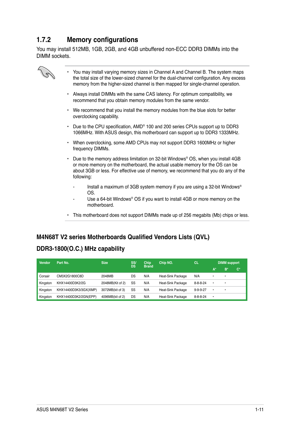 2 memory configurations, Memory configurations -11 | Asus M4N68T V2 User Manual | Page 21 / 62
