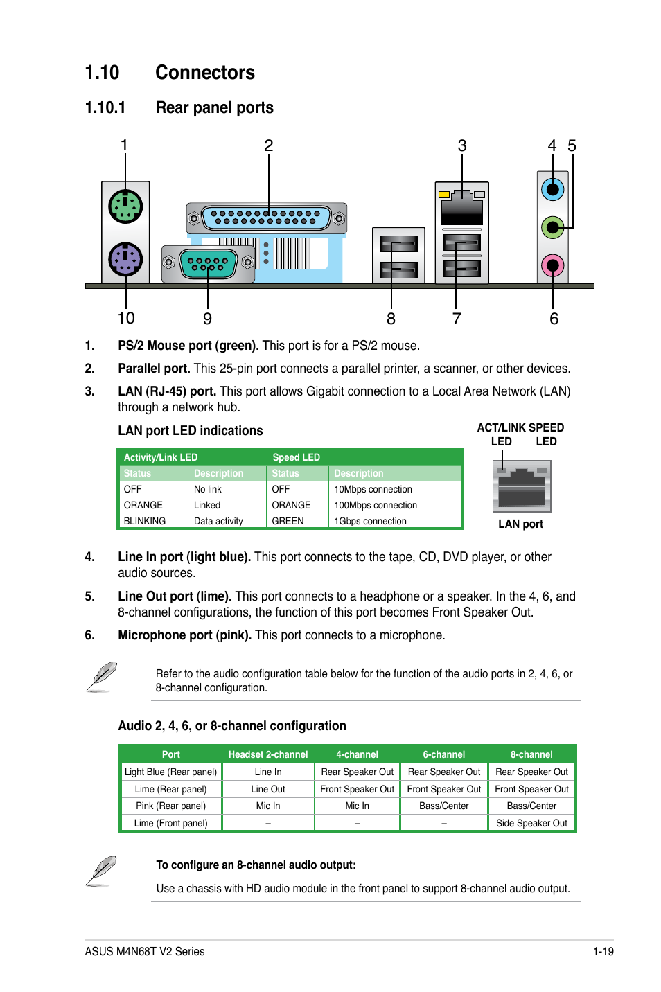 10 connectors, 1 rear panel ports, 10 connectors -19 | 1 rear panel ports -19 | Asus M4N68T V2 User Manual | Page 29 / 62