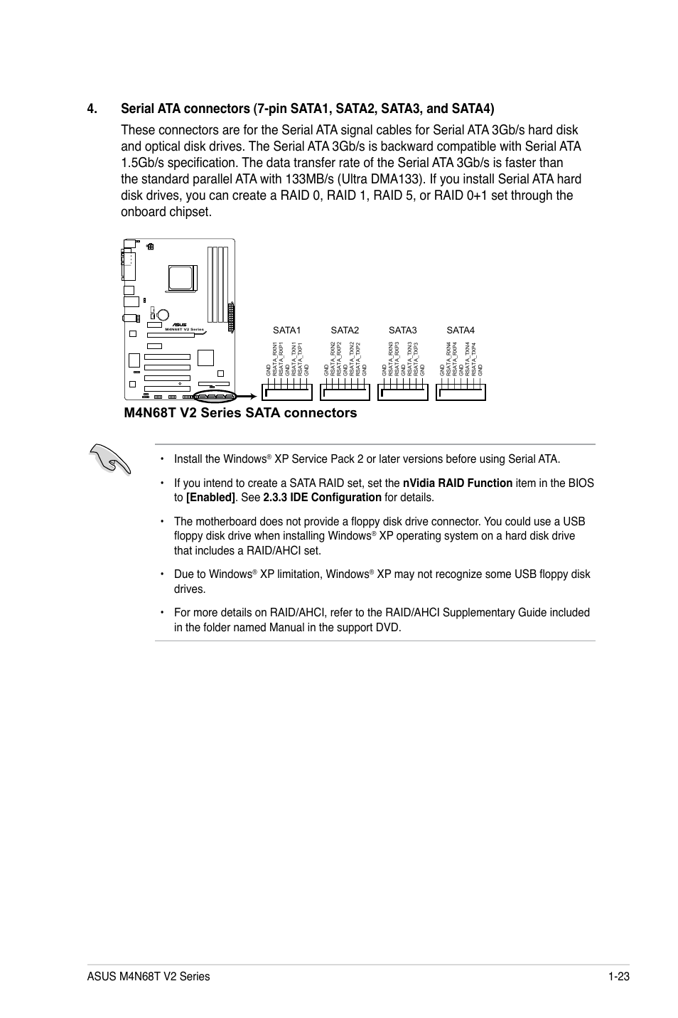 M4n68t v2 series sata connectors, Install the windows, Xp limitation, windows | Asus M4N68T V2 User Manual | Page 33 / 62
