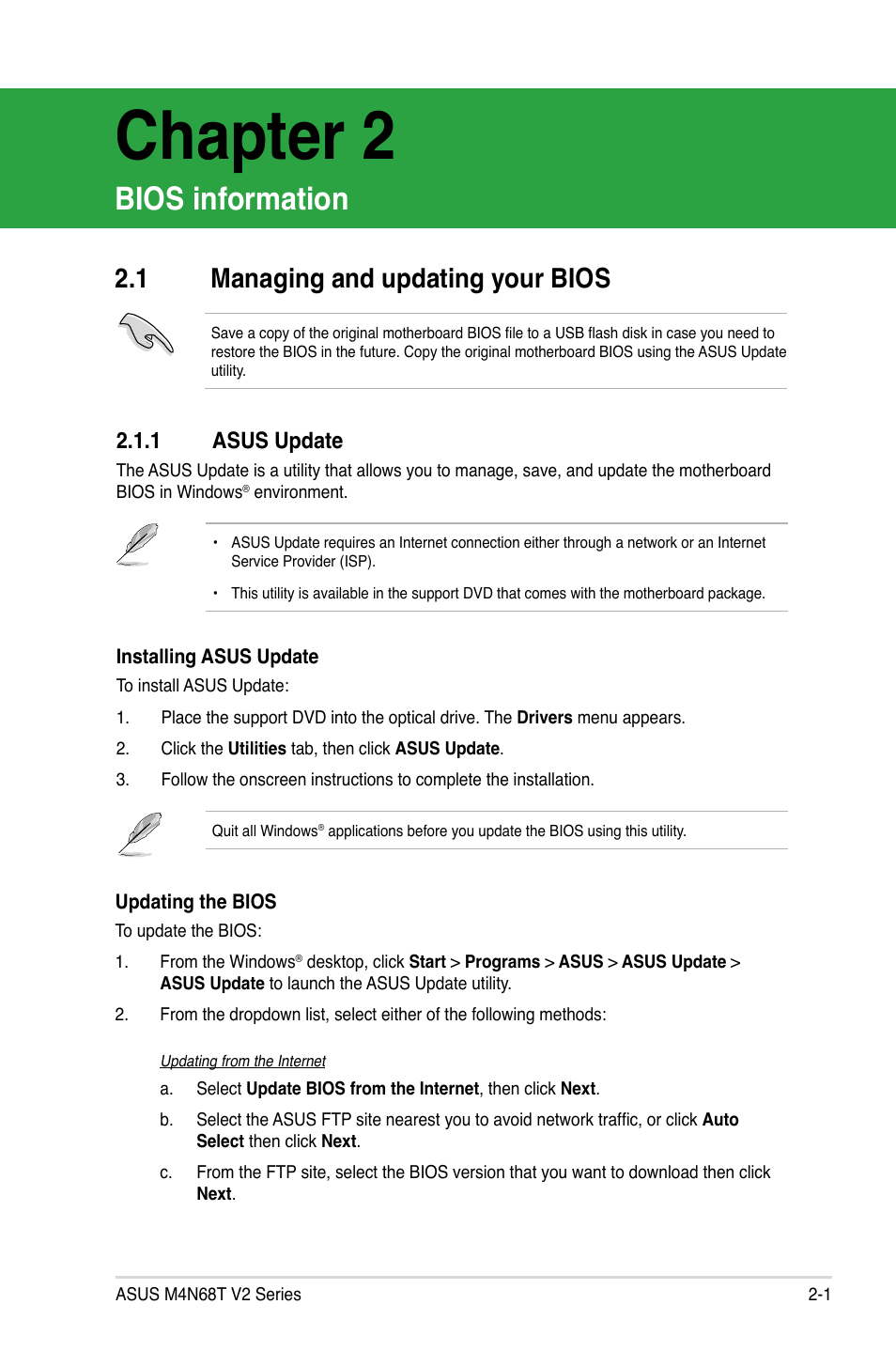 Chapter 2, Bios information, 1 managing and updating your bios | 1 asus update, Managing and updating your bios -1 2.1.1, Asus update -1 | Asus M4N68T V2 User Manual | Page 39 / 62