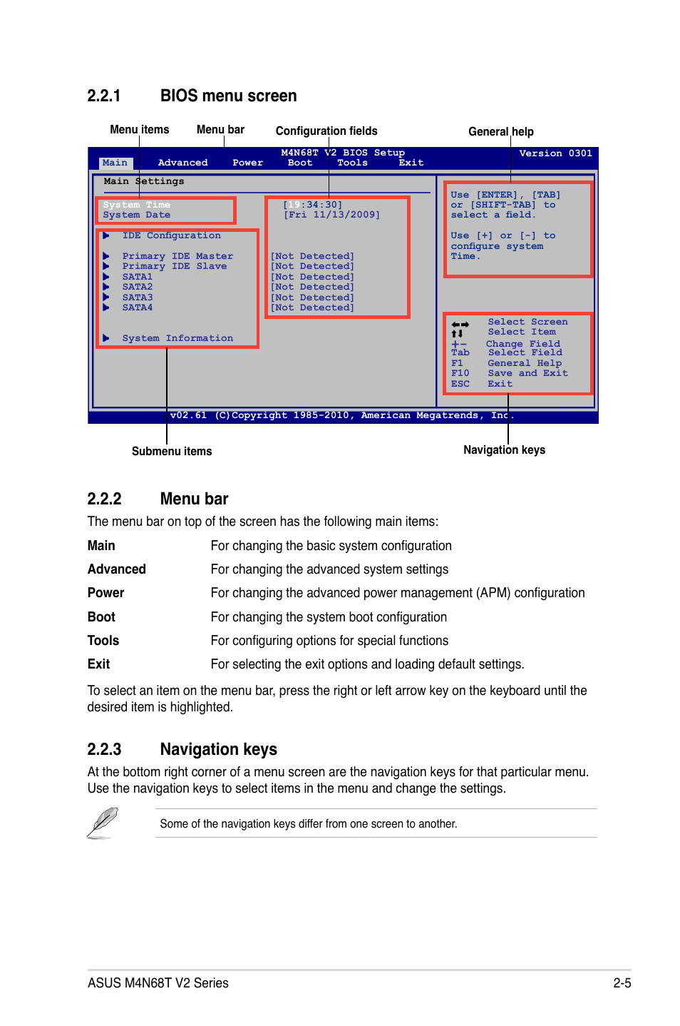 1 bios menu screen, 3 navigation keys, 2 menu bar | Bios menu screen -5, Navigation keys -5, Menu bar -5, 1 bios menu screen 2.2.2 menu bar | Asus M4N68T V2 User Manual | Page 43 / 62