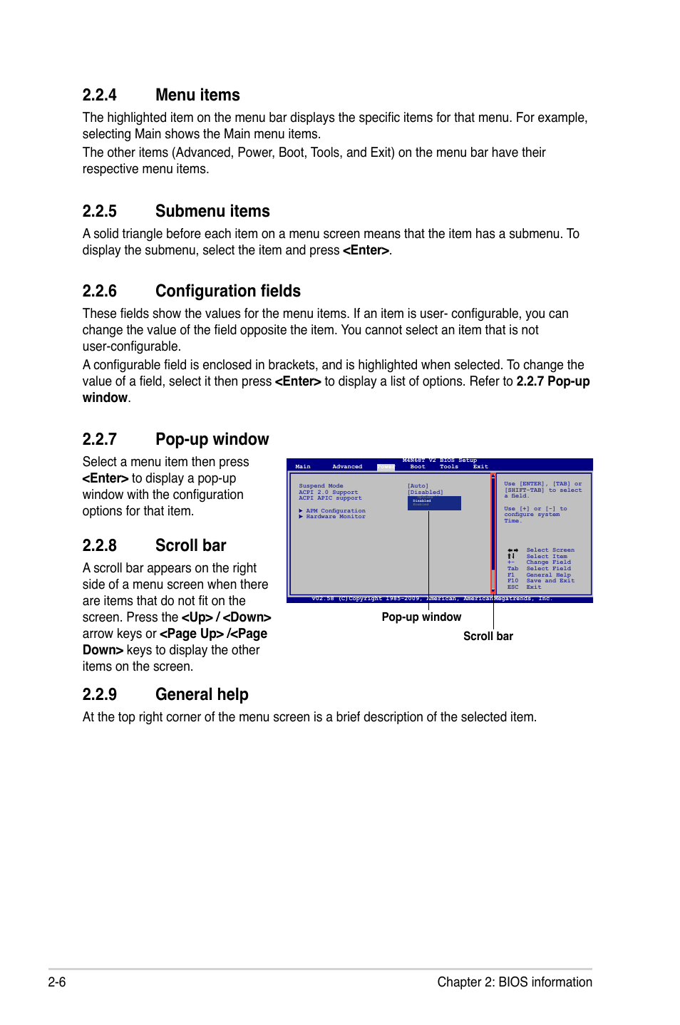 4 menu items, 5 submenu items, 6 configuration fields | 7 pop-up window, 8 scroll bar, 9 general help, Menu items -6, Submenu items -6, Configuration fields -6, Pop-up window -6 | Asus M4N68T V2 User Manual | Page 44 / 62