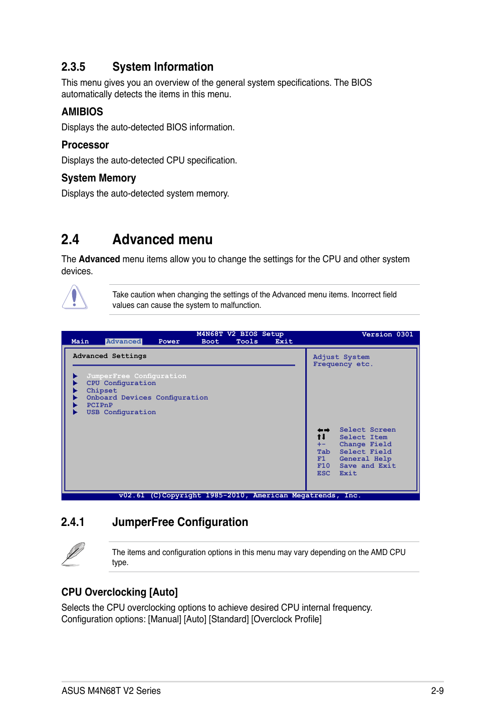 5 system information, 4 advanced menu, 1 jumperfree configuration | System information -9, Advanced menu -9 2.4.1, Jumperfree configuration -9, Amibios, Processor, Cpu overclocking [auto | Asus M4N68T V2 User Manual | Page 47 / 62