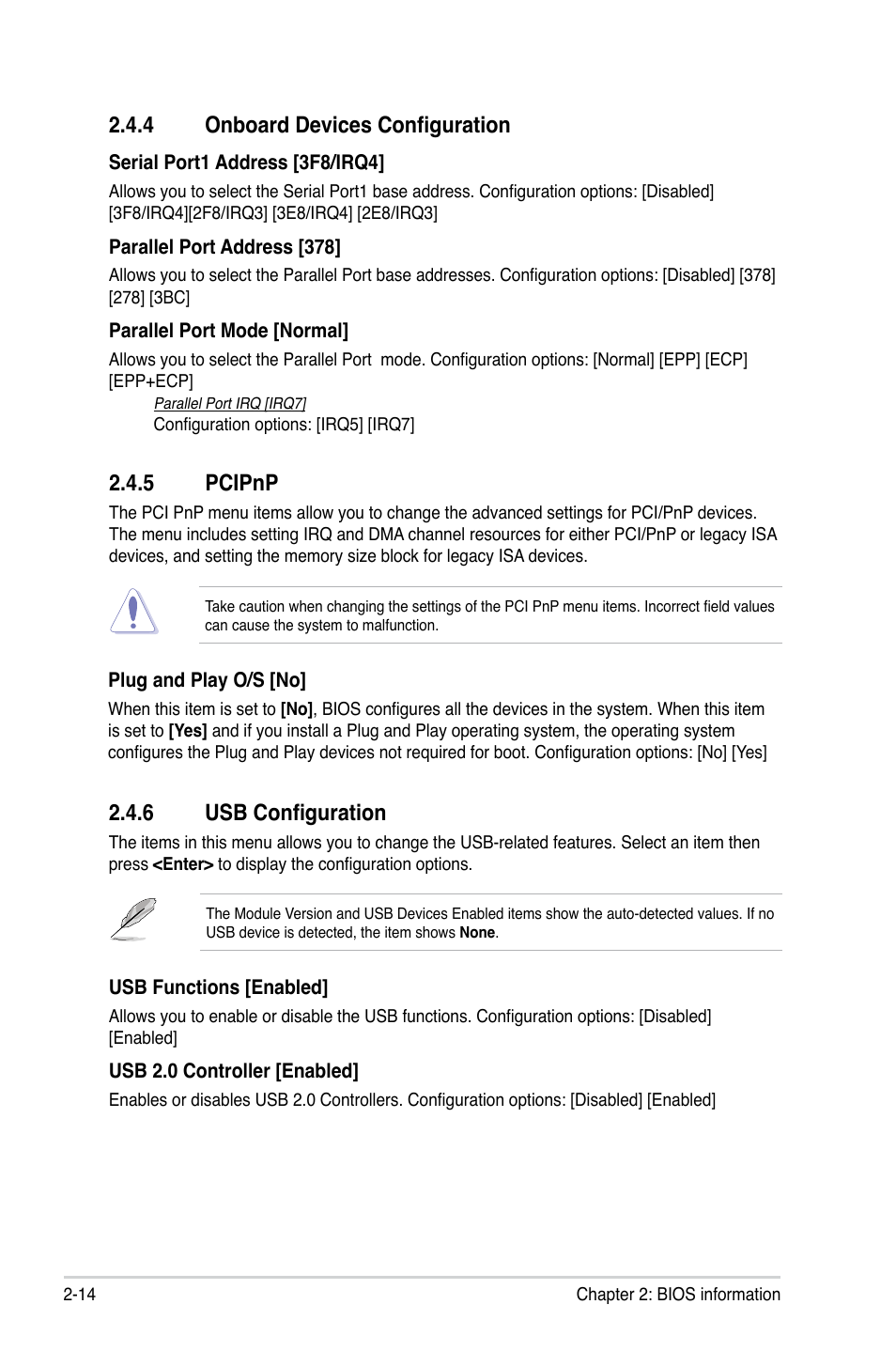 4 onboard devices configuration, 5 pcipnp, 6 usb configuration | 4 onboard devices configuration -14 2.4.5, Pcipnp -14, Usb configuration -14 | Asus M4N68T V2 User Manual | Page 52 / 62