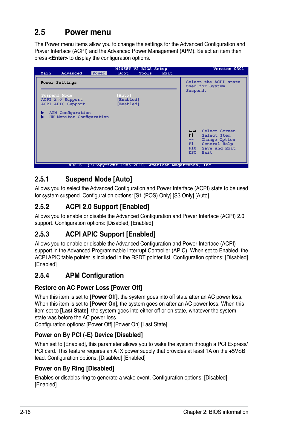 5 power menu, 1 suspend mode, 2 acpi 2.0 support | 3 acpi apic support, 4 apm configuration, Power menu -16 2.5.1, Suspend mode -16, Acpi 2.0 support -16, Acpi apic support -16, Apm configuration -16 | Asus M4N68T V2 User Manual | Page 54 / 62