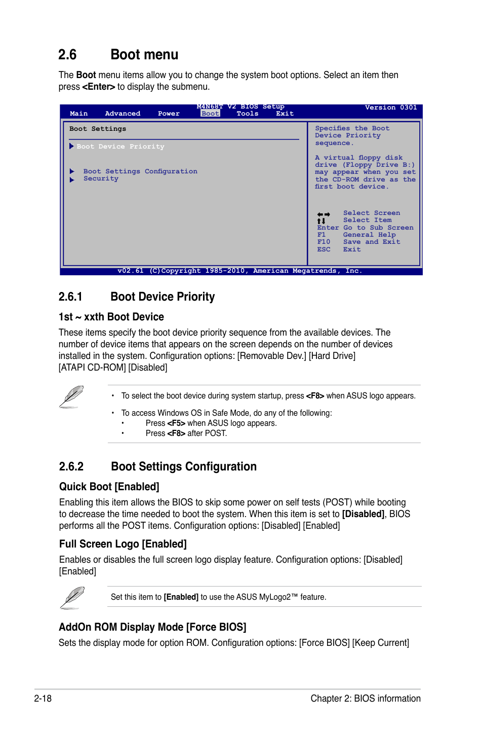 6 boot menu, 1 boot device priority, 2 boot settings configuration | Boot menu -18 2.6.1, Boot device priority -18, Boot settings configuration -18, 1st ~ xxth boot device, Quick boot [enabled, Full screen logo [enabled, Addon rom display mode [force bios | Asus M4N68T V2 User Manual | Page 56 / 62