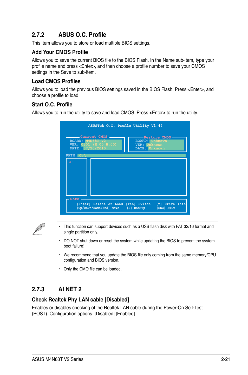 2 asus o.c. profile, 3 ai net 2, Asus o.c. profile -21 | Ai net 2 -21, Check realtek phy lan cable [disabled, Add your cmos profile, Load cmos profiles, Start o.c. profile | Asus M4N68T V2 User Manual | Page 59 / 62