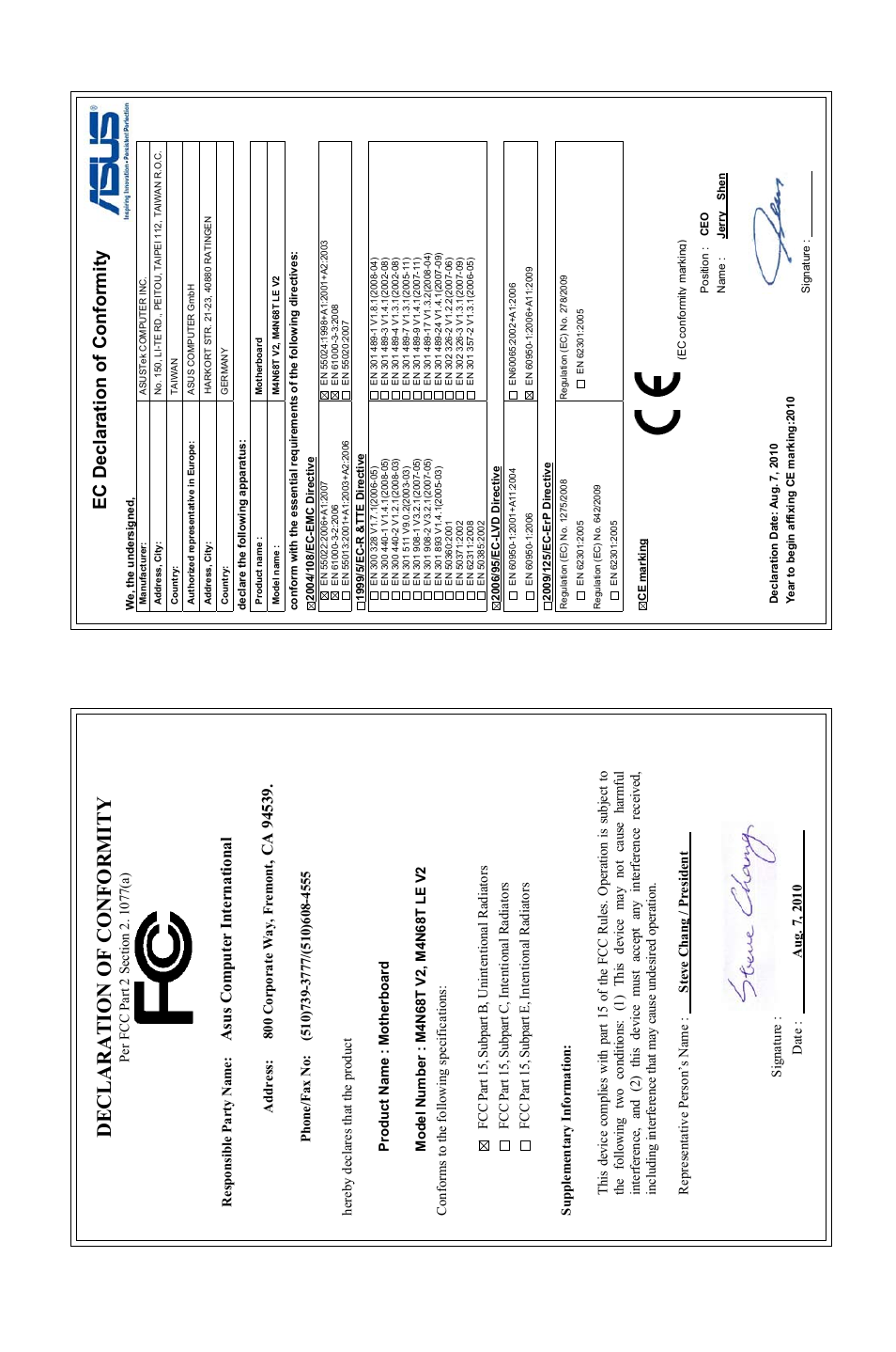 Declaration of conformity, Ec declaration of conformity, Asu s c om pu te r in te rn at io na l | Asus M4N68T V2 User Manual | Page 62 / 62