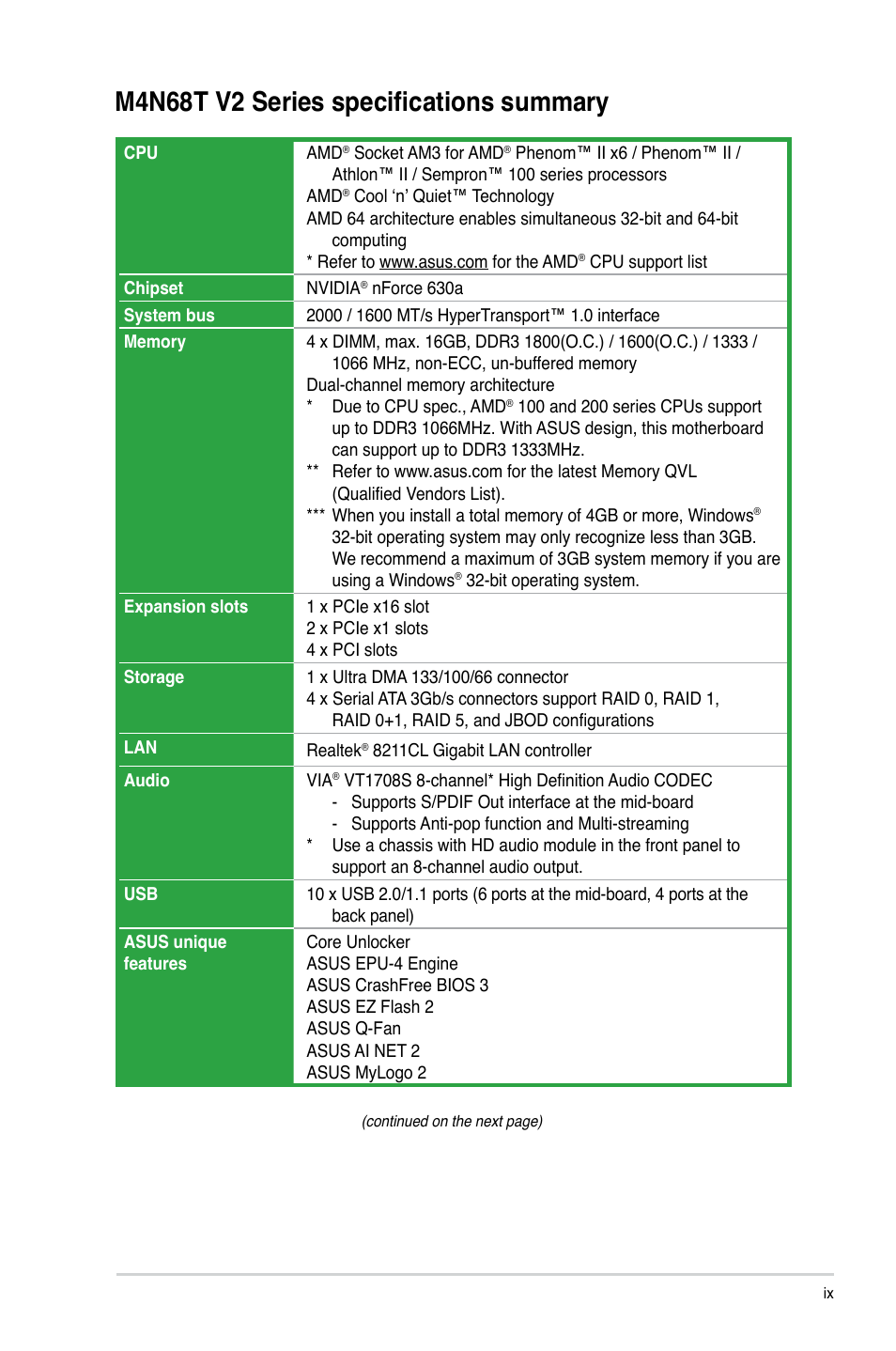 M4n68t v2 series specifications summary | Asus M4N68T V2 User Manual | Page 9 / 62