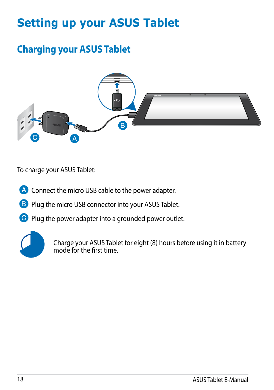 Setting up your asus tablet, Charging your asus tablet | Asus MeMO Pad FHD 10 User Manual | Page 18 / 96