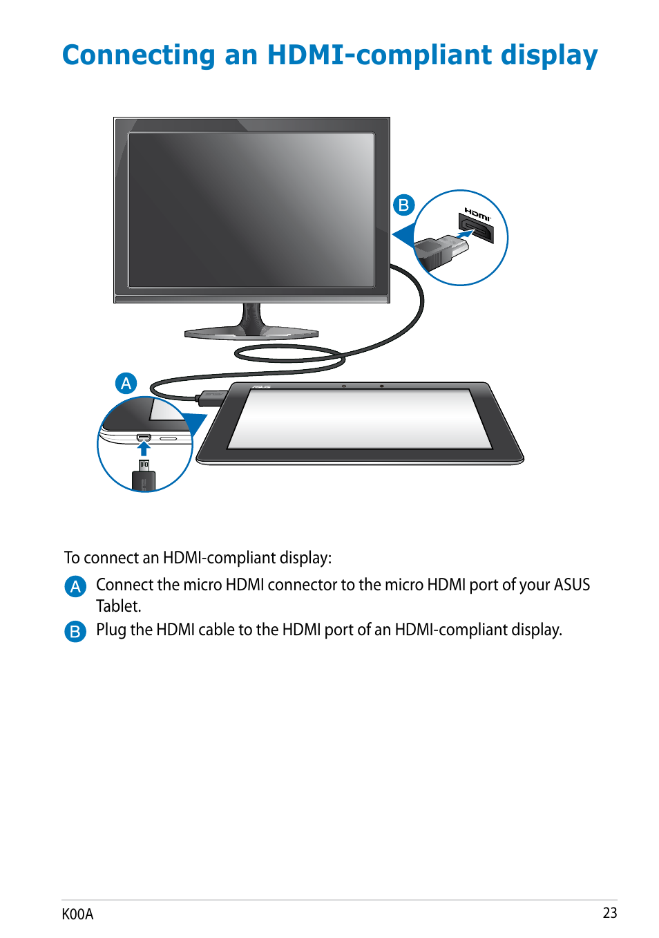 Connecting an hdmi-compliant display | Asus MeMO Pad FHD 10 User Manual | Page 23 / 96