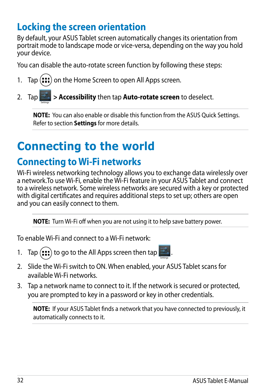 Locking the screen orientation, Connecting to the world, Connecting to wi-fi networks | Asus MeMO Pad FHD 10 User Manual | Page 32 / 96