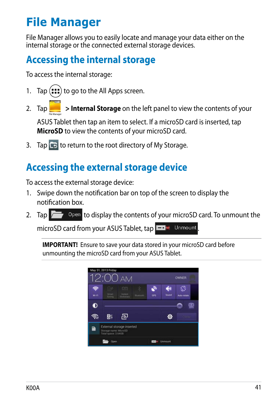 File manager, Accessing the internal storage, Accessing the external storage device | Asus MeMO Pad FHD 10 User Manual | Page 41 / 96