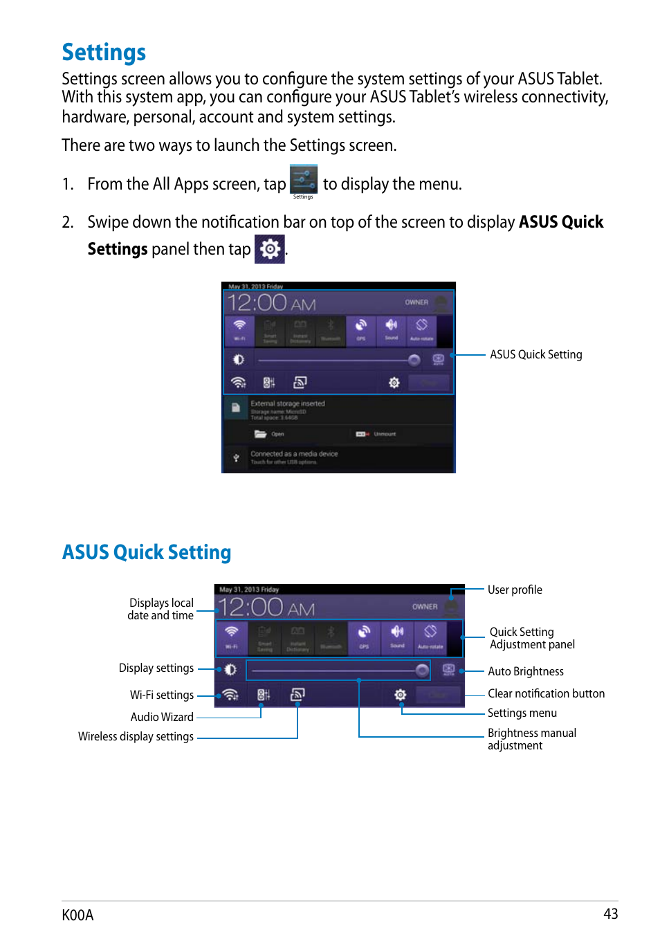Settings, Asus quick setting | Asus MeMO Pad FHD 10 User Manual | Page 43 / 96