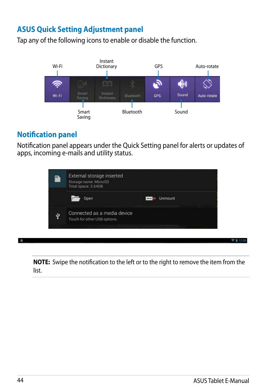 Asus quick setting adjustment panel, Notification panel | Asus MeMO Pad FHD 10 User Manual | Page 44 / 96