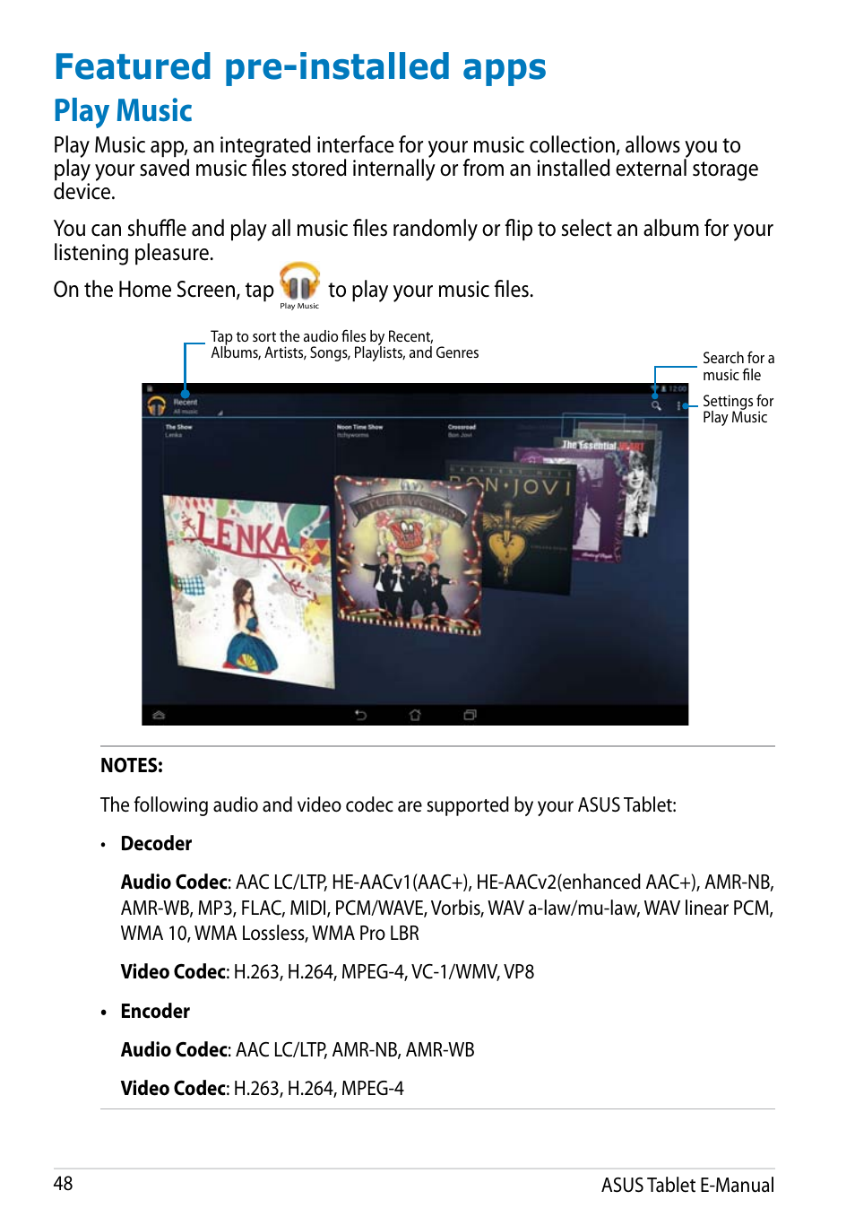 Featured pre-installed apps, Play music | Asus MeMO Pad FHD 10 User Manual | Page 48 / 96