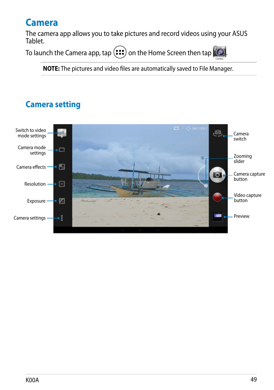 Camera, Camera setting | Asus MeMO Pad FHD 10 User Manual | Page 49 / 96