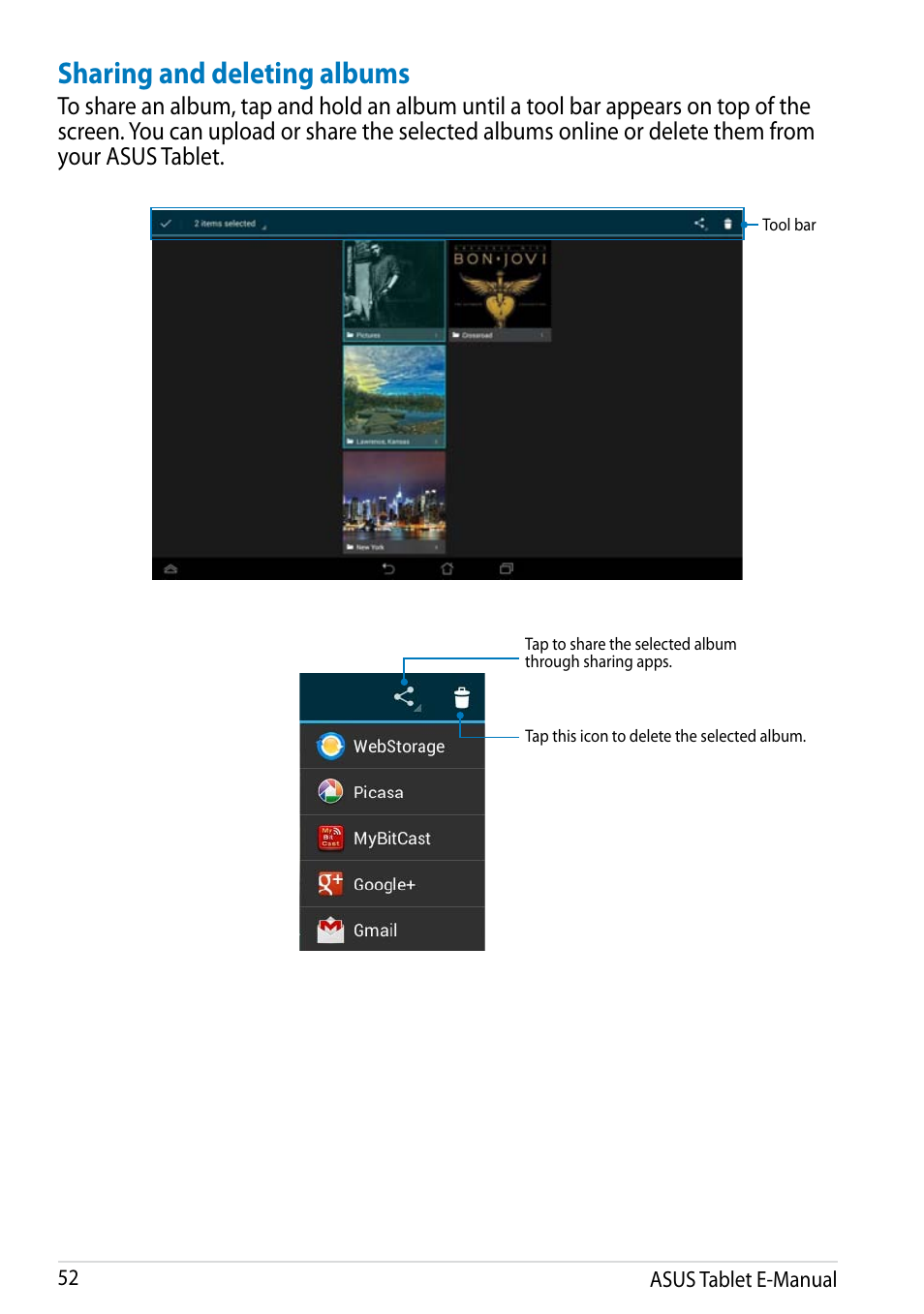Sharing and deleting albums | Asus MeMO Pad FHD 10 User Manual | Page 52 / 96