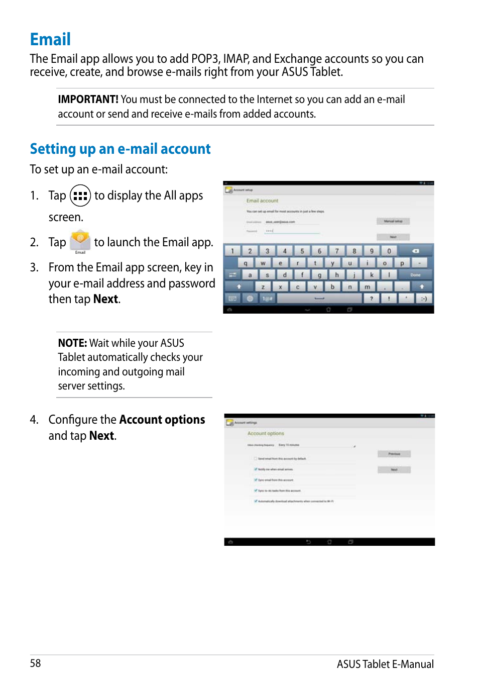 Email, Setting up an e-mail account | Asus MeMO Pad FHD 10 User Manual | Page 58 / 96