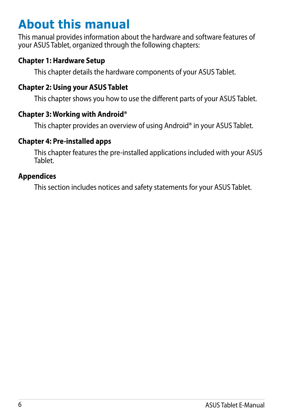 About this manual | Asus MeMO Pad FHD 10 User Manual | Page 6 / 96