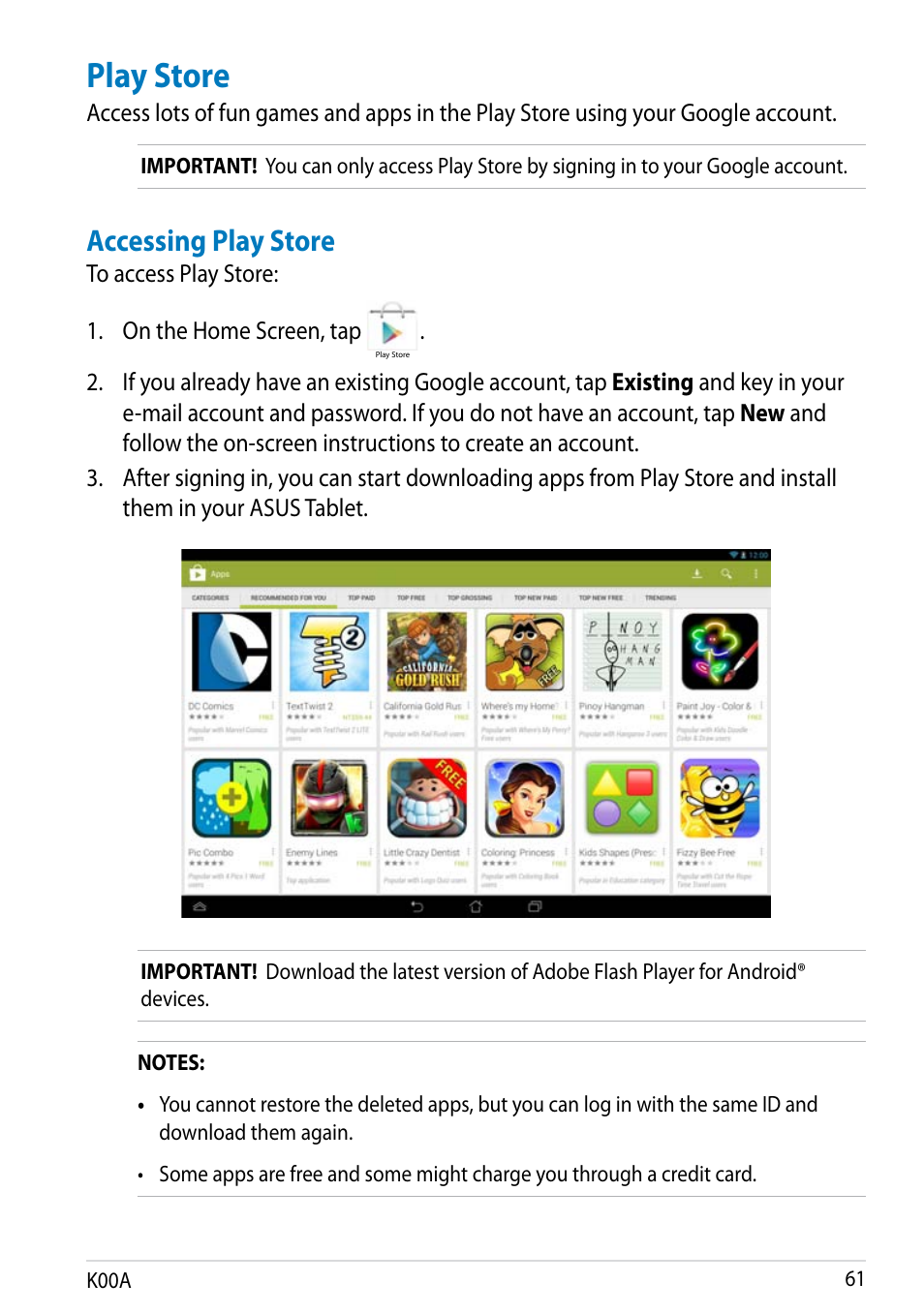 Play store, Accessing play store | Asus MeMO Pad FHD 10 User Manual | Page 61 / 96
