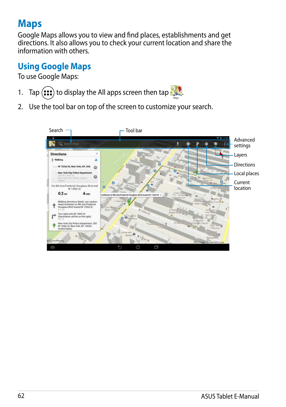 Maps, Using google maps | Asus MeMO Pad FHD 10 User Manual | Page 62 / 96