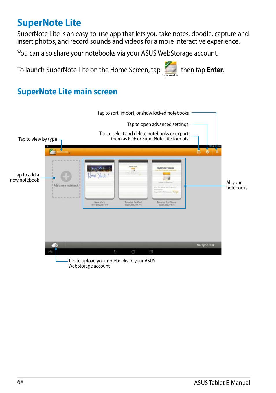 Supernote lite, Then tap enter | Asus MeMO Pad FHD 10 User Manual | Page 68 / 96