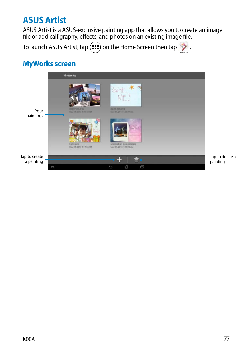 Asus artist, Myworks screen | Asus MeMO Pad FHD 10 User Manual | Page 77 / 96