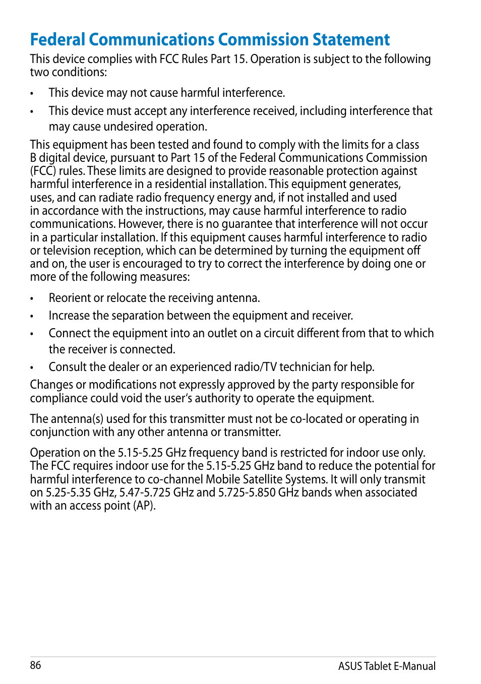Federal communications commission statement | Asus MeMO Pad FHD 10 User Manual | Page 86 / 96