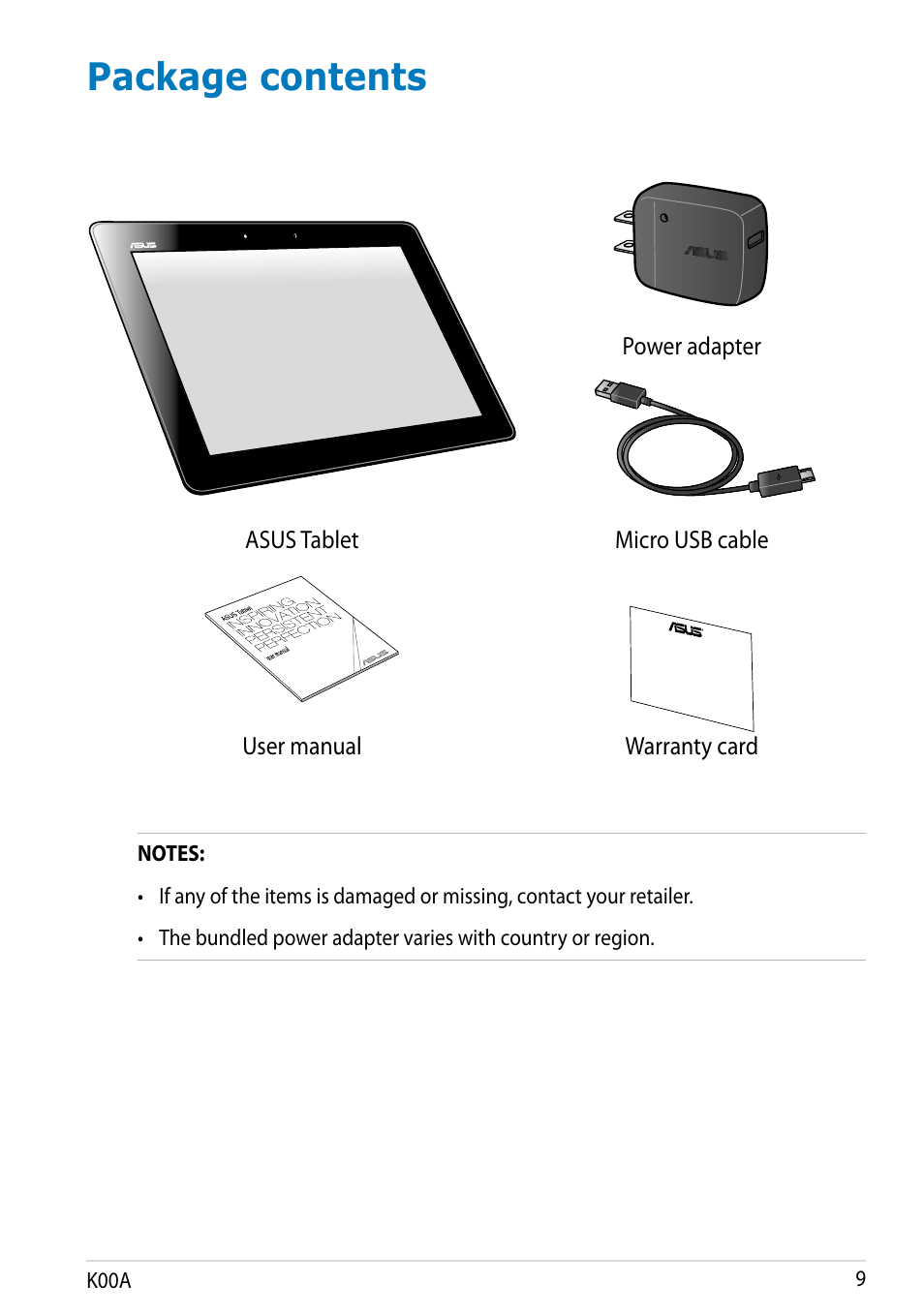 Package contents | Asus MeMO Pad FHD 10 User Manual | Page 9 / 96