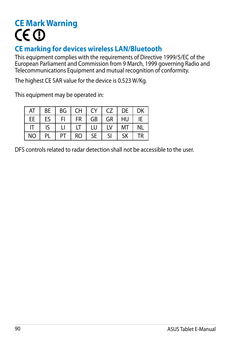 Ce mark warning, Ce marking for devices wireless lan/bluetooth | Asus MeMO Pad FHD 10 User Manual | Page 90 / 96