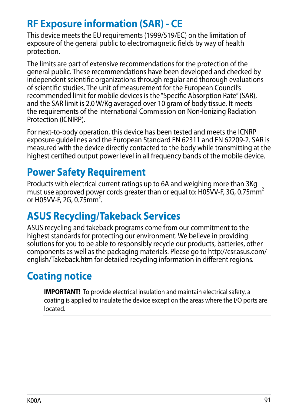 Rf exposure information (sar) - ce, Power safety requirement, Asus recycling/takeback services | Coating notice | Asus MeMO Pad FHD 10 User Manual | Page 91 / 96