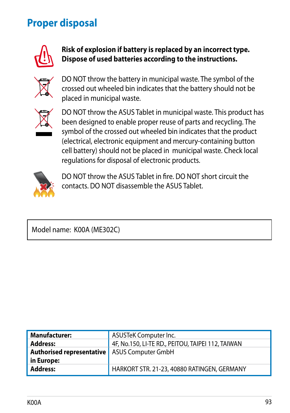 Proper disposal | Asus MeMO Pad FHD 10 User Manual | Page 93 / 96