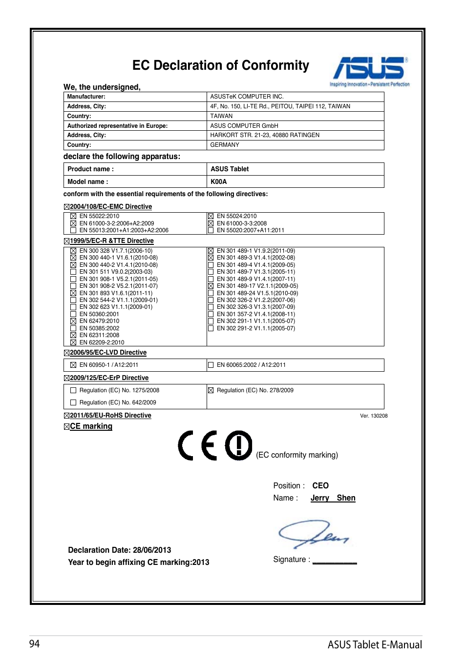 Ec declaration of conformity, Asus tablet e-manual | Asus MeMO Pad FHD 10 User Manual | Page 94 / 96