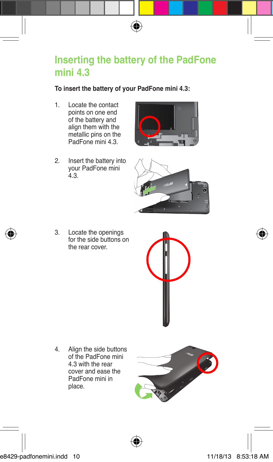 Inserting the battery of the padfone mini 4.3 | Asus PadFone mini 4.3 User Manual | Page 10 / 22