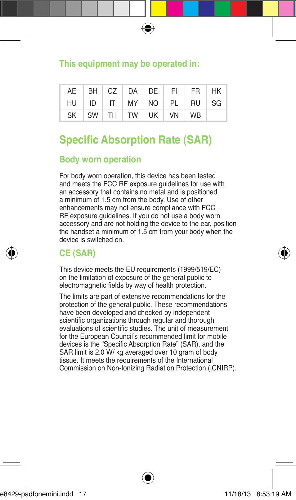 Specific absorption rate (sar), This equipment may be operated in, Body worn operation | Ce (sar) | Asus PadFone mini 4.3 User Manual | Page 17 / 22