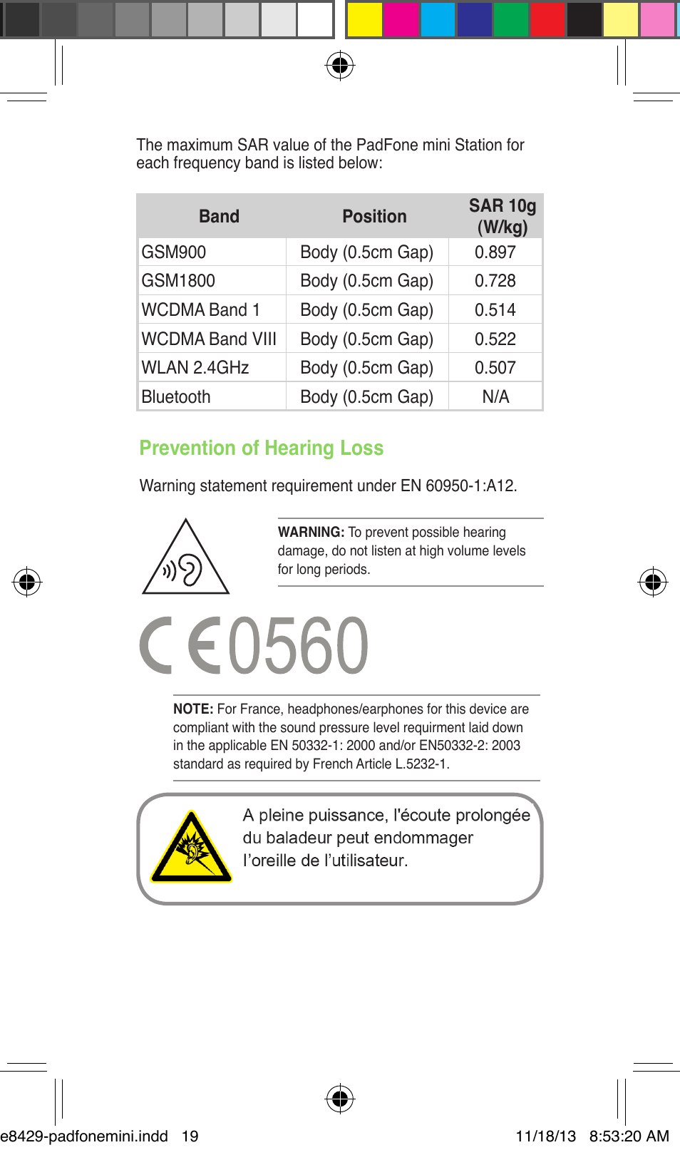 Prevention of hearing loss | Asus PadFone mini 4.3 User Manual | Page 19 / 22