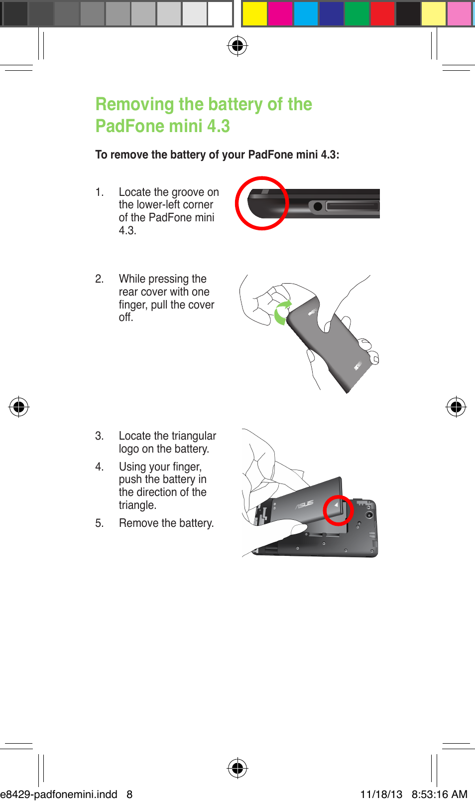 Removing the battery of the padfone mini 4.3 | Asus PadFone mini 4.3 User Manual | Page 8 / 22