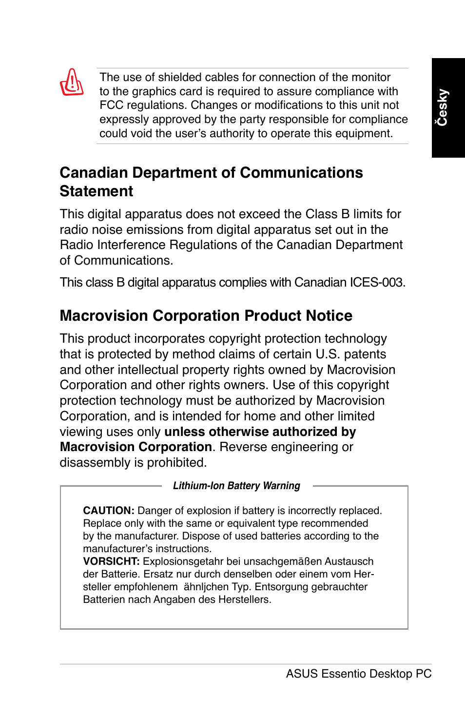 Canadian department of communications statement, Macrovision corporation product notice | Asus CP5140 User Manual | Page 105 / 180